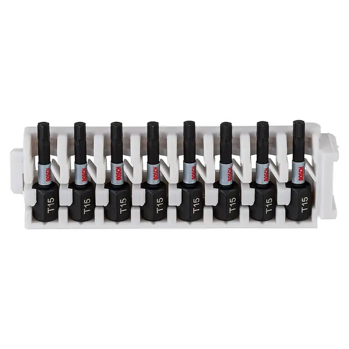 Bosch Set de puntas Impact Control - T15, Longitud de punta: 25 mm, 8 ud. - Una foto de primer plano que muestra un juego de puntas Torx T15 de Bosch perfectamente dispuestas en un soporte de plástico blanco para un almacenamiento organizado.
