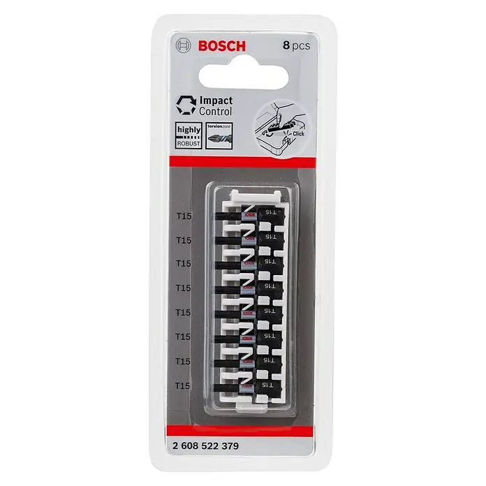 Bosch Set de puntas Impact Control - T15, Longitud de punta: 25 mm, 8 ud. - Un paquete de ocho puntas de atornillar de impacto T15 de Bosch, robustas y duraderas para tareas de atornillado exigentes.