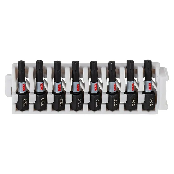 Bosch Set de puntas Impact Control - T20, Longitud de punta: 25 mm, 8 ud. - Primer plano de ocho puntas T20 Bosch, organizadas en un soporte de plástico blanco para herramientas eléctricas.