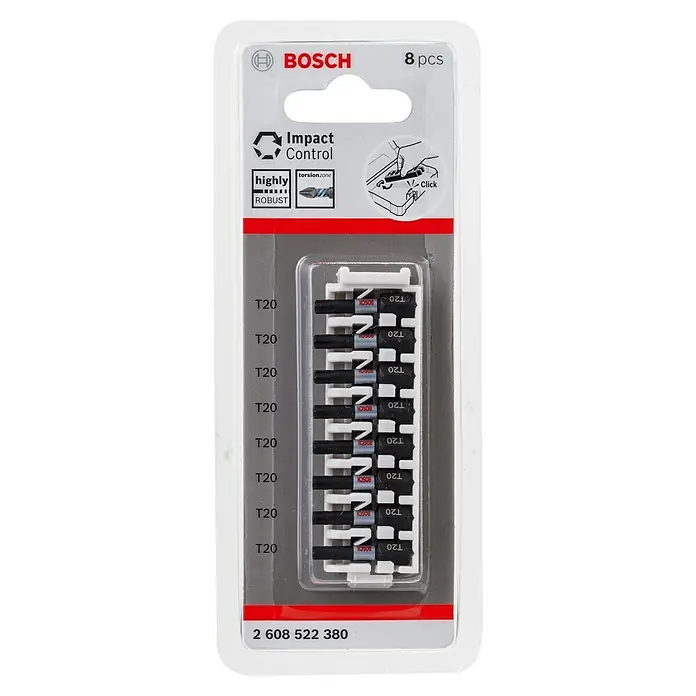 Bosch Set de puntas Impact Control - T20, Longitud de punta: 25 mm, 8 ud. - Puntas de atornillar Bosch Impact Control T20, juego de 8 piezas para alta tensión, perfectas para atornillar con atornilladores de impacto.