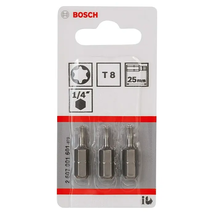 Bosch Punta Extra Hard E - T8, 25 mm, 3 ud. - Imagen de un paquete de puntas Torx T8 de Bosch con tres puntas de 25 mm, ideal para trabajos de atornillado con herramientas eléctricas.