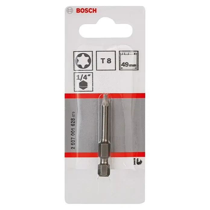 Bosch Punta Extra Hard E - T8, 49 mm, 1 ud. - Broca Torx T8 de Bosch en envase blíster. La broca mide 49 mm de largo y tiene un vástago hexagonal de 1/4 de pulgada. Accesorio de calidad.