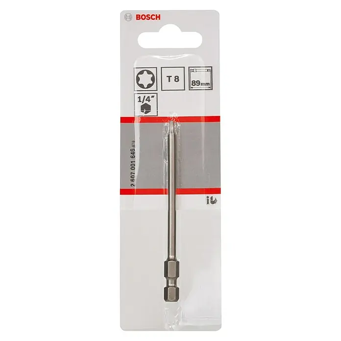 Bosch Punta Extra Hard E - T8, 89 mm, 1 ud. - Primer plano de una punta Torx T8 de Bosch, con una longitud de 89 mm y un accionamiento de 1/4", ideal para tornillos Torx.