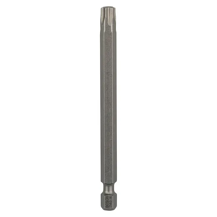 Bosch Punta Extra Hard E - T40, 89 mm, 1 ud. - Primer plano de una punta de destornillador Torx. La herramienta es de metal y tiene una forma hexagonal con una cabeza en forma de estrella.