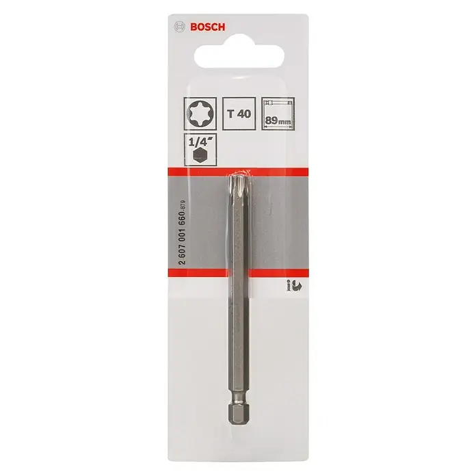 Bosch Punta Extra Hard E - T40, 89 mm, 1 ud. - Imagen de una sola punta de broca Torx T40 de Bosch sujeta en un embalaje colgante, con las especificaciones de tamaño impresas en el embalaje.