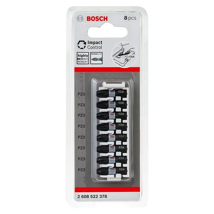 Bosch Set de puntas Impact Control - PZ 3, Longitud de punta: 25 mm, 8 ud. - Imagen de un paquete de 8 puntas de destornillador Bosch Impact Control PZ3, ideal para usar con atornilladores de impacto.