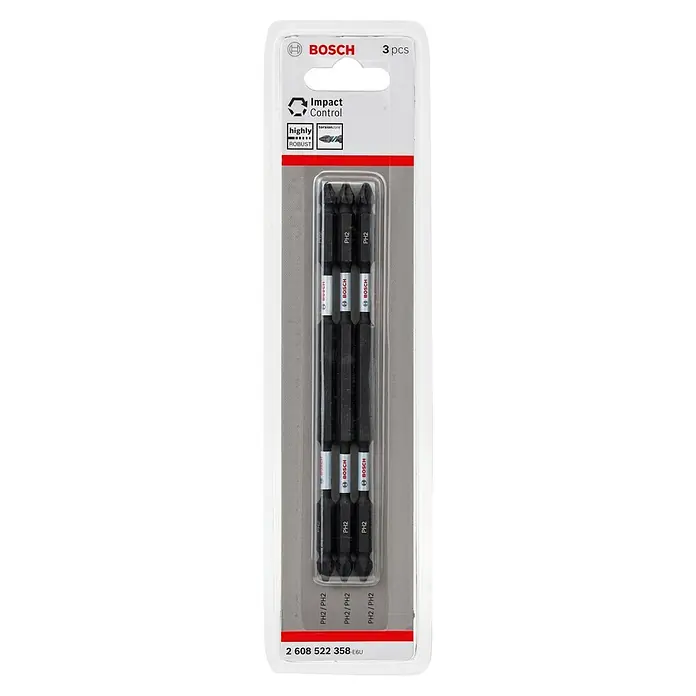 Bosch Set de puntas Impact Control - PH 2, Longitud de punta: 150 mm, 3 ud. - Un paquete de tres puntas de atornillador Bosch Impact Control, tamaño PH2, para aplicaciones de atornillado robustas, ideal para uso profesional.