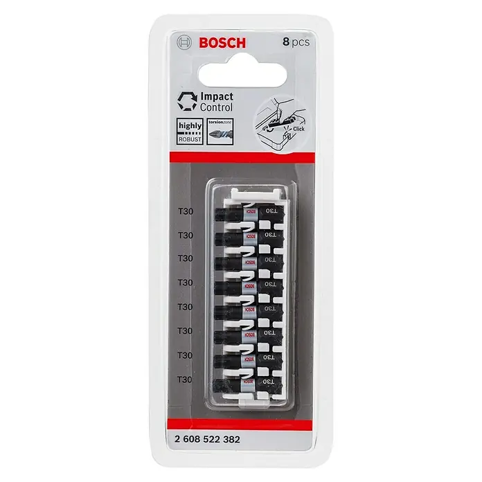 Bosch Set de puntas Impact Control - T30, Longitud de punta: 25 mm, 8 ud. - Imagen de un juego de 8 puntas de atornillar Bosch Impact Control T30, diseñado para tareas de atornillado robustas y precisas.