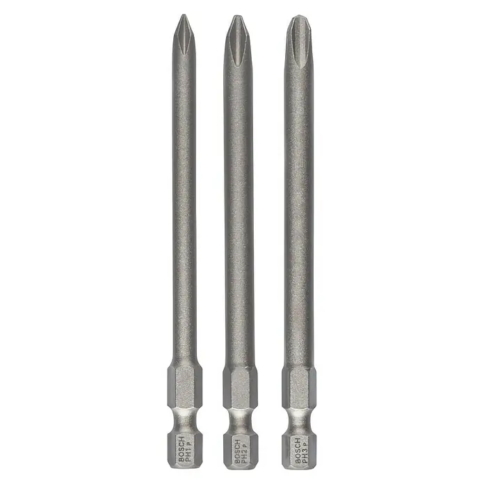 Bosch Punta Extra Hard - PH 1, 89 mm, 3 pzs. - Imagen de tres puntas de destornillador Bosch de diferentes tamaños (PH1, PH2, PH3) sobre un fondo negro. Perfecto para atornillar.
