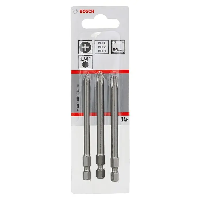 Bosch Punta Extra Hard - PH 1, 89 mm, 3 pzs. - Un juego de tres puntas de destornillador Bosch en diferentes tamaños (PH1, PH2, PH3) y una longitud de 89mm, ideal para tareas de atornillado.
