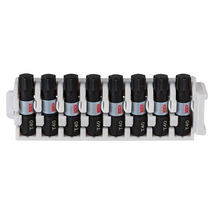 Bosch Set de puntas Impact Control - T40, Longitud de punta: 25 mm, 8 ud. - Un juego de siete puntas de destornillador Bosch T40 en un soporte blanco, ideal para diversas tareas de atornillado.