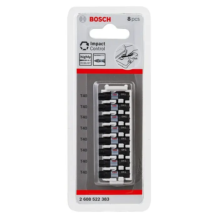 Bosch Set de puntas Impact Control - T40, Longitud de punta: 25 mm, 8 ud. - Un paquete de 8 puntas de atornillar Bosch Impact Control T40, perfecto para tareas de atornillado exigentes y pares elevados.