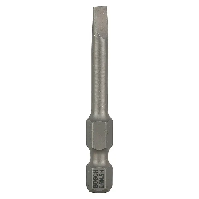 Bosch Punta Extra Hard E - S 0,6 x 4,5, 49 mm, 3 ud. - Primer plano de una punta de destornillador plana Bosch 0.6x4.5, perfecta para tareas de atornillado en comercio e industria.