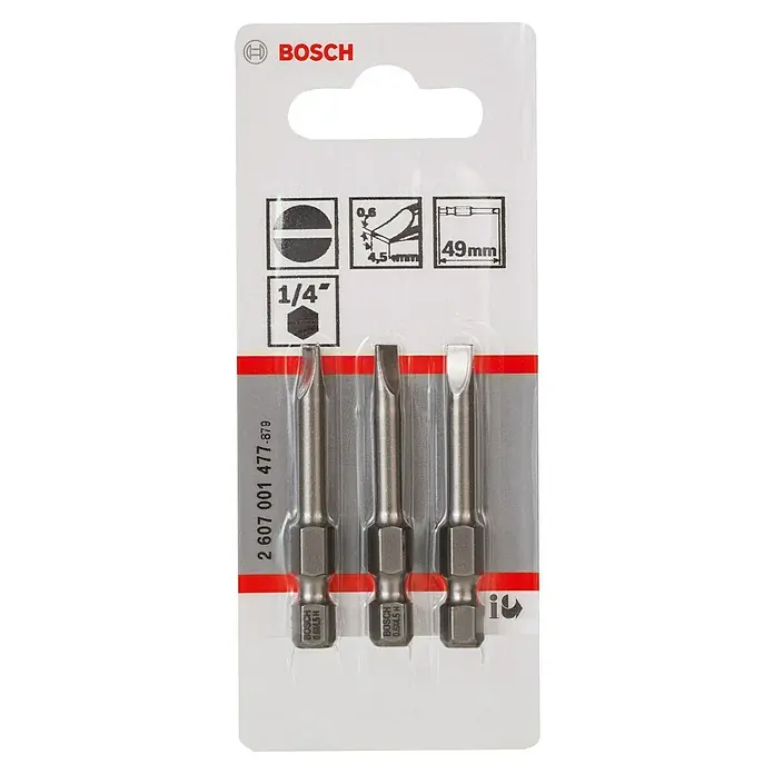 Bosch Punta Extra Hard E - S 0,6 x 4,5, 49 mm, 3 ud. - La imagen muestra un paquete de puntas de destornillador de ranura Bosch con una longitud de 49 mm y un tamaño de 1/4".