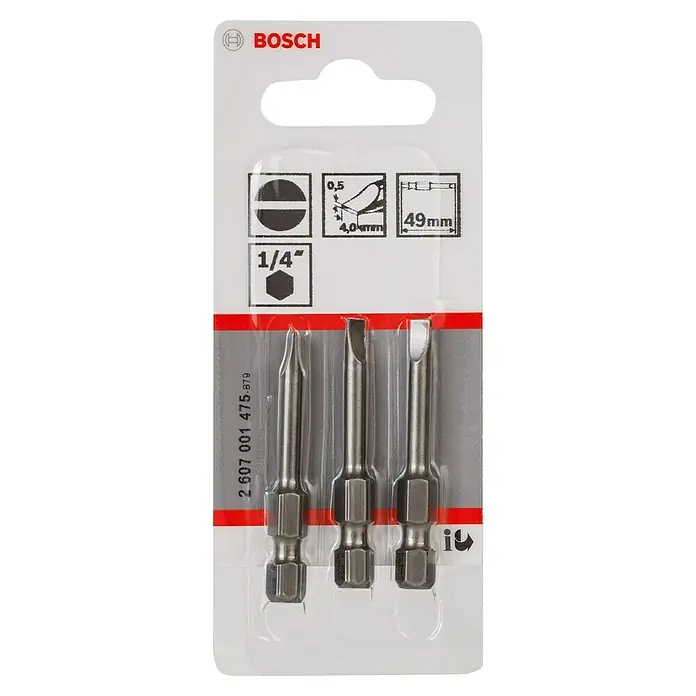 Bosch Punta Extra Hard E - S 0,5 x 4, 49 mm, 3 ud. - Un juego de puntas de destornillador Bosch de 3 piezas con puntas planas, Phillips y Pozidriv, ideal para tareas de atornillado versátiles.