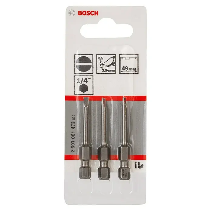 Bosch Punta Extra Hard E - S 0,5 x 3, 49 mm, 3 ud. - Paquete de tres puntas ranuradas Bosch con vástago hexagonal de 1/4", ideal para atornillar. Perfecto para profesionales y bricolaje.