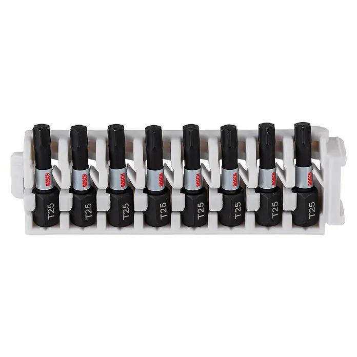 Bosch Set de puntas Impact Control - T25, Longitud de punta: 25 mm, 8 ud. - Un juego de puntas de destornillador T25 Bosch dispuestas en un soporte blanco, listas para usar con destornilladores.