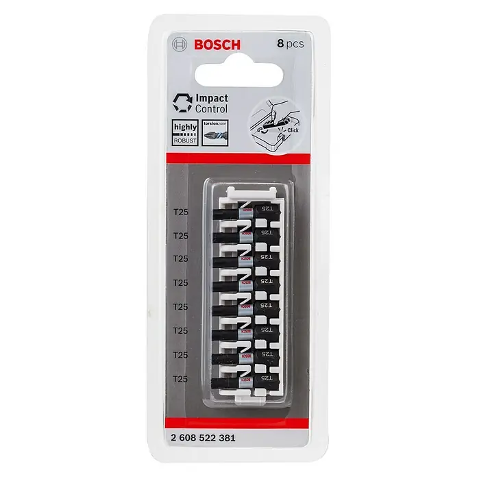 Bosch Set de puntas Impact Control - T25, Longitud de punta: 25 mm, 8 ud. - Primer plano de un juego de 8 puntas Bosch T25 Impact Control, diseñado para aplicaciones de atornillado robustas con control preciso.