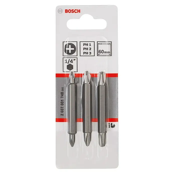 Bosch Punta Extra Hard doble - PH1/PH2/PH3, Largo: 45 mm, 3 ud. - Puntas de destornillador Bosch PH1, PH2 y PH3, longitud 60mm, para atornillar con atornillador inalámbrico. Práctico juego para bricoladores y profesionales.