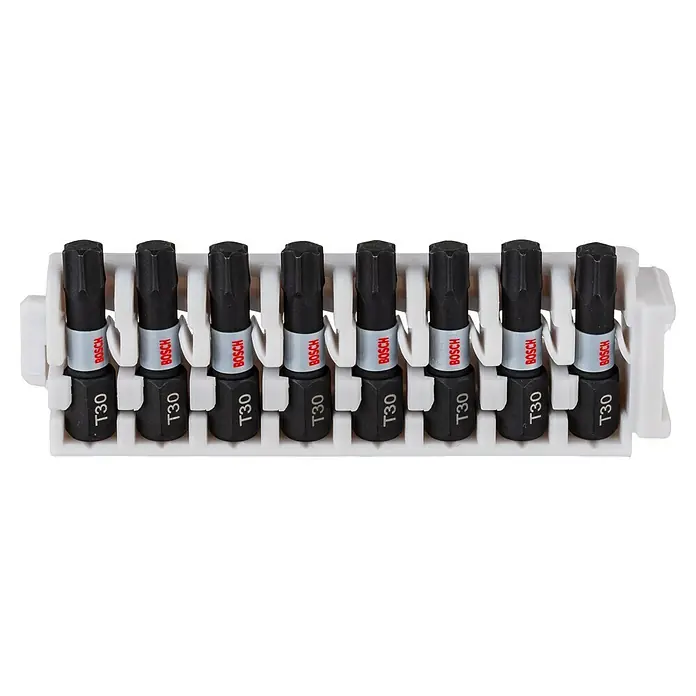 Bosch Set de puntas Impact Control - T30, Longitud de punta: 25 mm, 8 ud. - Esta imagen muestra un juego de puntas de destornillador Bosch T30 en un soporte blanco, ideal para profesionales y aficionados al bricolaje.