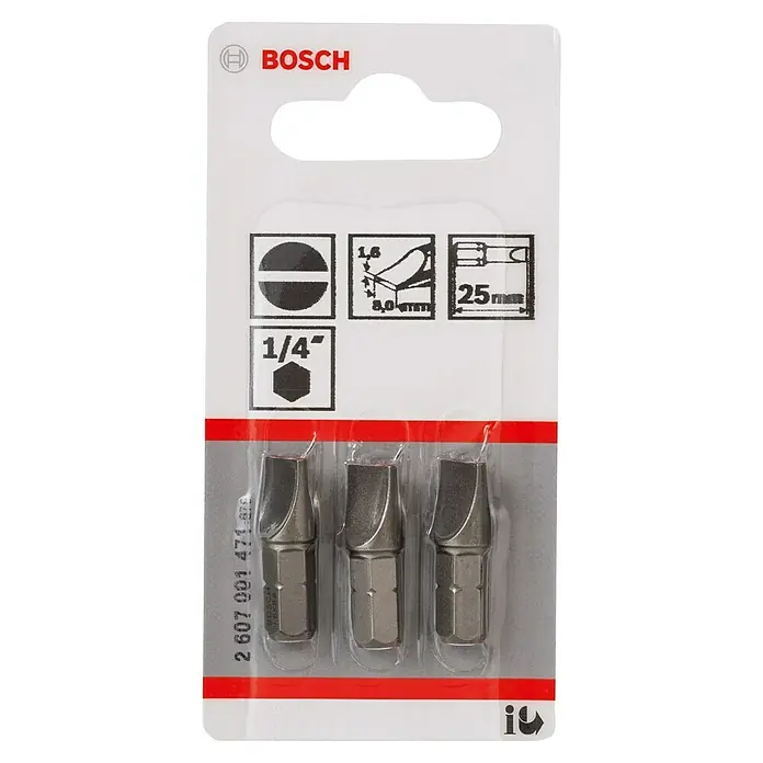 Bosch Punta Extra Hard E - S 1,6 x 8, 25 mm, 3 ud. - La imagen muestra un paquete de puntas de destornillador de cabeza plana Bosch, que miden 25 mm de largo con un accionamiento de 1/4".
