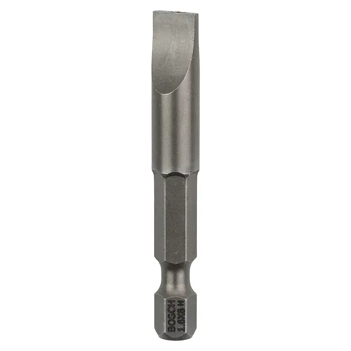 Bosch Punta Extra Hard E - S 1,6 x 8, 49 mm, 3 ud. - Primer plano de una punta de destornillador de ranura Bosch 1.6x8 H, perfecta para atornillar con precisión y aplicaciones robustas en artesanía.