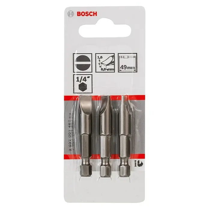 Bosch Punta Extra Hard E - S 1,6 x 8, 49 mm, 3 ud. - Imagen de un paquete de brocas Bosch que incluye tres brocas para destornilladores de ranura. Brocas duraderas, ideales para atornillar con alta precisión.