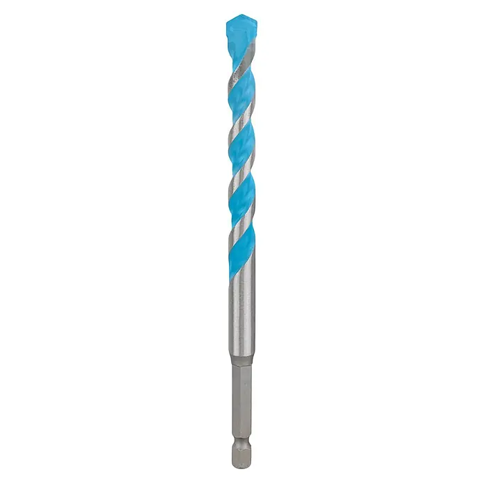Bosch Expert Broca universal HEX-9 Multiconstruction - Diámetro de la broca: 7 mm, Longitud de trabajo: 50 mm - Primer plano de una broca espiral azul con vástago hexagonal, ideal para taladrar con precisión en varios materiales.