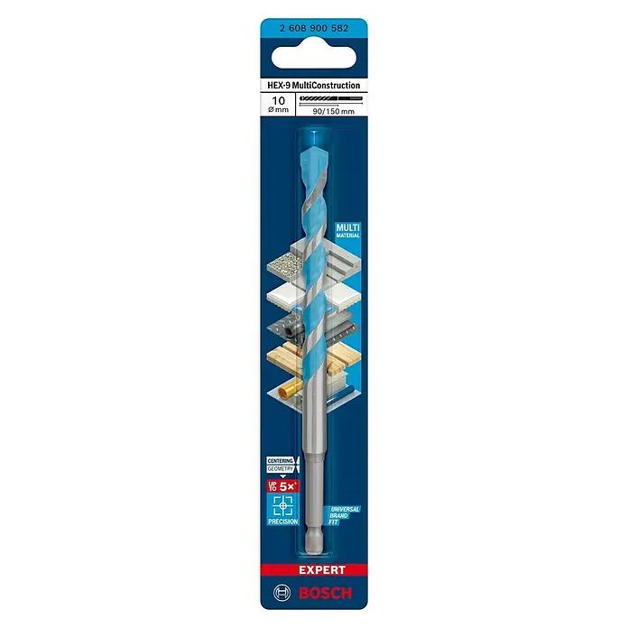 Bosch Expert Broca universal HEX-9 Multiconstruction - Diámetro de la broca: 7 mm, Longitud de trabajo: 50 mm - Primer plano de la broca Bosch HEX-9 MultiConstruction, ideal para perforar diversos materiales, con geometría de centrado precisa.