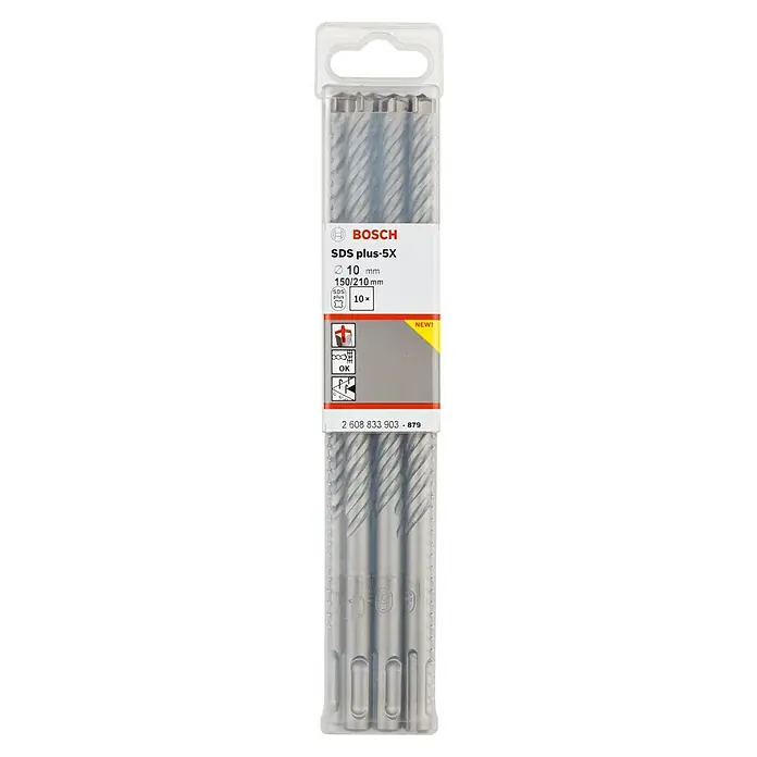 Bosch Broca para hormigón y mampostería SDS-Plus - 10 ud., Diámetro de la broca: 10 mm, Longitud de trabajo: 150 mm - Juego de brocas Bosch SDS plus-5X, diámetro 10 mm, longitud 150/210 mm, ideal para trabajos en hormigón. Herramientas de alta calidad.