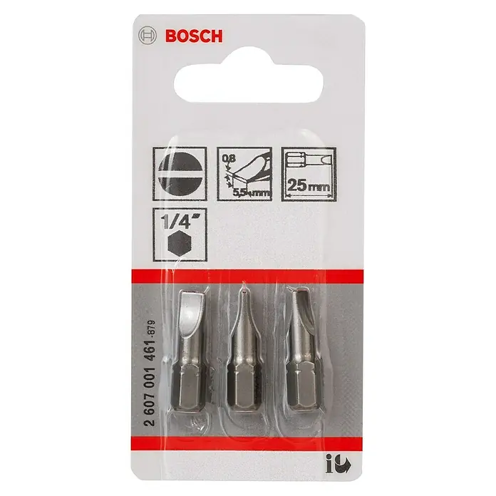 Bosch Punta Extra Hard E - S 0,8 x 5,5, 25 mm, 3 ud. - Un paquete de puntas de destornillador plano Bosch en diferentes tamaños, ideal para tareas de atornillado con diferentes requisitos.