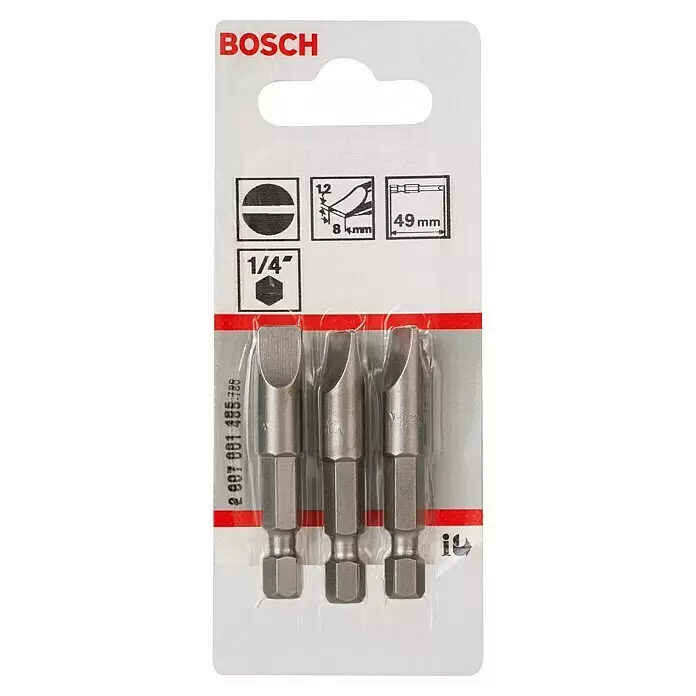 Bosch Punta Extra Hard E - S 1,2 x 8, 49 mm, 3 ud. - Juego de 3 puntas de destornillador planas Bosch de 1/4" hexagonal, de 49mm de largo, en blíster.