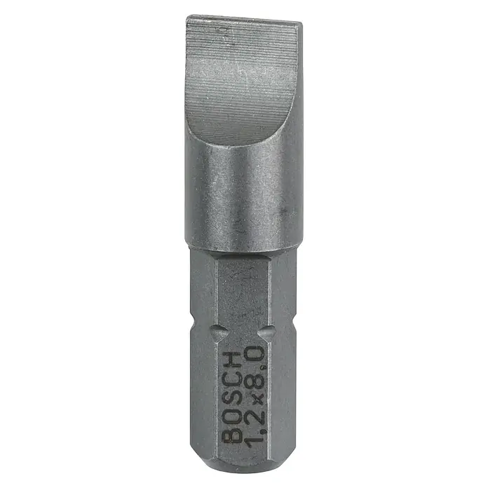 Bosch Punta Extra Hard E - S 1,2 x 8, 25 mm, 3 ud. - Punta de destornillador de ranura Bosch 1,2x8,0 mm, ideal para atornillar en madera y metal. Diseño robusto para larga vida útil.