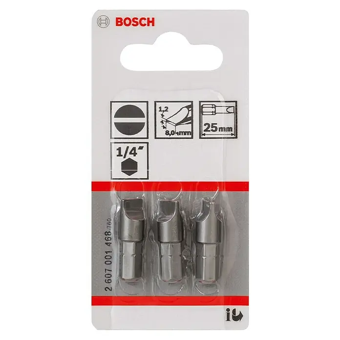 Bosch Punta Extra Hard E - S 1,2 x 8, 25 mm, 3 ud. - Un paquete de tres puntas de destornillador Bosch, aptas para tornillos ranurados, de 25 mm de longitud y con un mango hexagonal de 1/4".