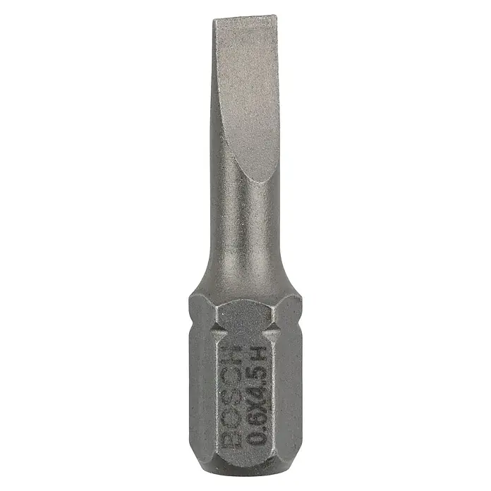 Bosch Punta Extra Hard E - S 0,6 x 4,5, 25 mm, 3 ud. - Primer plano de una punta de destornillador plano Bosch 0.6X4.5H, ideal para atornillar. La punta robusta garantiza resultados precisos.
