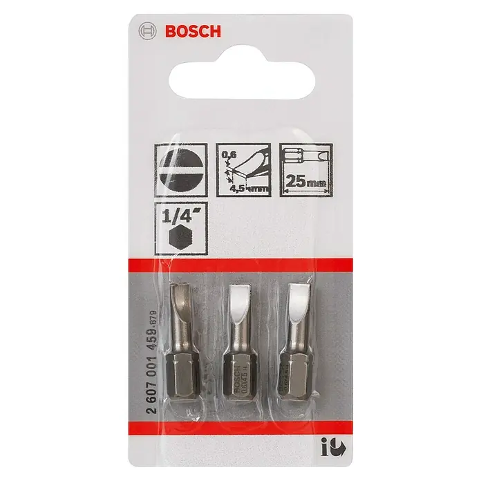 Bosch Punta Extra Hard E - S 0,6 x 4,5, 25 mm, 3 ud. - Puntas de destornillador de ranura Bosch, 0,6 x 4,5 mm, 25 mm de longitud, vástago hexagonal de 1/4", en blíster con tres puntas.