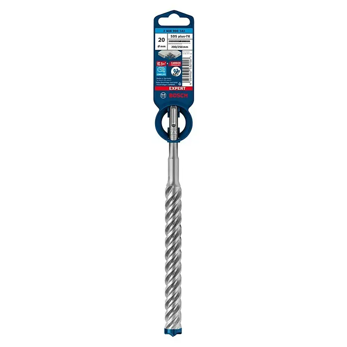 Bosch Expert Broca para hormigón y mampostería -7X - 1 ud., Diámetro de la broca: 20 mm, 250 mm - Broca de martillo Bosch EXPERT SDS plus-7X de 20 mm, ideal para trabajos en hormigón con una longitud de 200/250 mm, presentada en su embalaje.