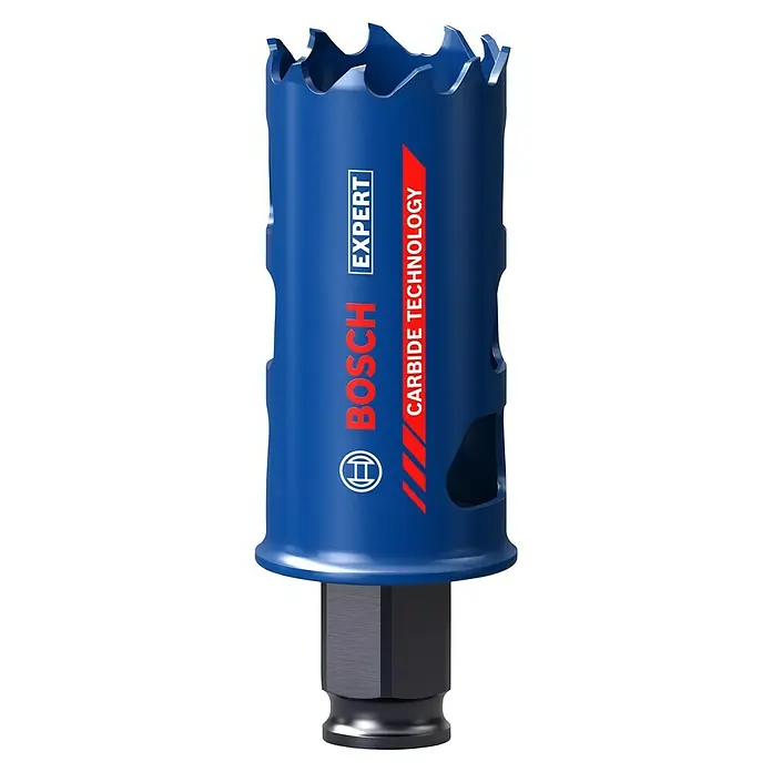 Bosch Professional Expert Broca de taladro Tough Material - Diámetro de la broca: 32 mm, 1 ud. - Primer plano de una sierra de corona azul Bosch Expert con tecnología de carburo y vástago hexagonal.