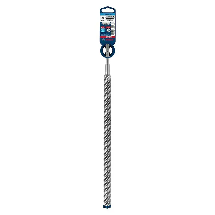 Bosch Expert Broca para hormigón y mampostería -7X - 1 ud., Diámetro de la broca: 22 mm, 450 mm - En la imagen se muestra una broca de martillo Bosch SDS plus-7X, con un diámetro de 22 mm y una longitud de 400/450 mm, empaquetada en un soporte azul.