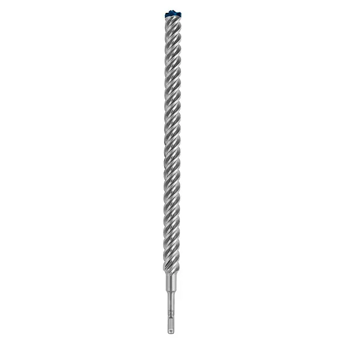 Bosch Expert Broca para hormigón y mampostería -7X - 1 ud., Diámetro de la broca: 25 mm, 450 mm - Imagen de una fresa cilíndrica con bordes de corte helicoidales y un elemento azul en la parte superior. Es una herramienta de corte de precisión.