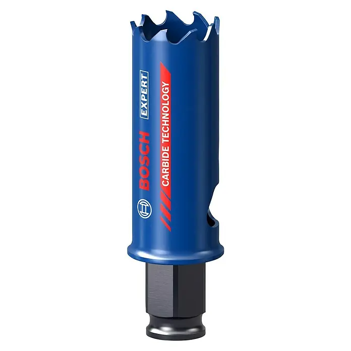 Bosch Professional Expert Broca de taladro Tough Material - Diámetro de la broca: 25 mm, 1 ud. - La imagen muestra una sierra de corona azul Bosch Expert con Carbide Technology, diseñada para cortes precisos y limpios en diversos materiales.