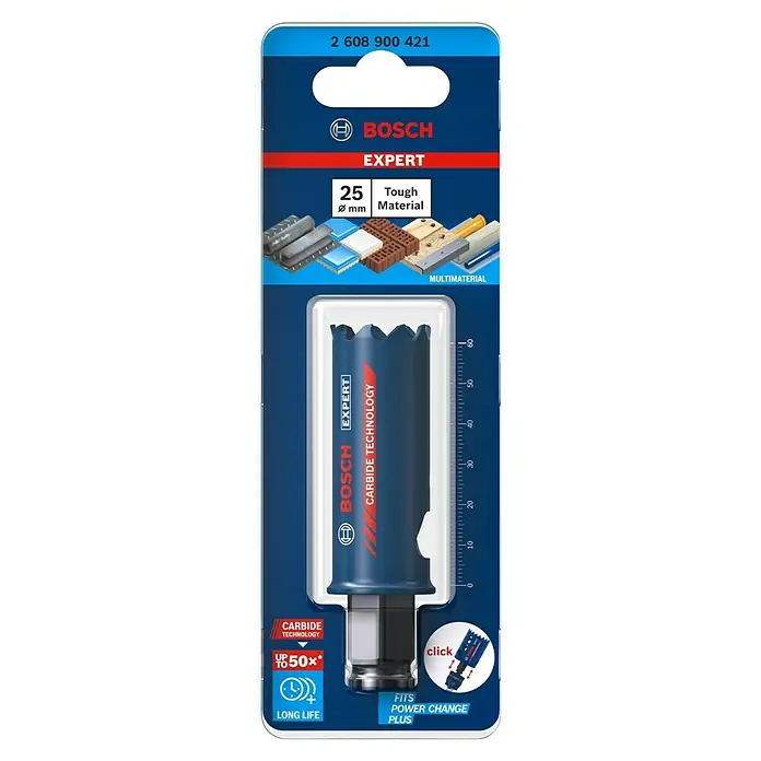 Bosch Professional Expert Broca de taladro Tough Material - Diámetro de la broca: 25 mm, 1 ud. - Sierra de corona Bosch EXPERT, diámetro de 25mm para materiales resistentes, con tecnología de carburo para una larga vida útil y sistema Power Change Plus.