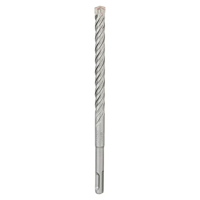 Bosch Broca para hormigón y mampostería SDS-Plus 5X - 10 ud., Diámetro de la broca: 12 mm, Longitud de trabajo: 150 mm - Primer plano de una broca de martillo Bosch SDS-plus-5X, con estrías en espiral para una eficiente eliminación del polvo y un rápido avance en la perforación.