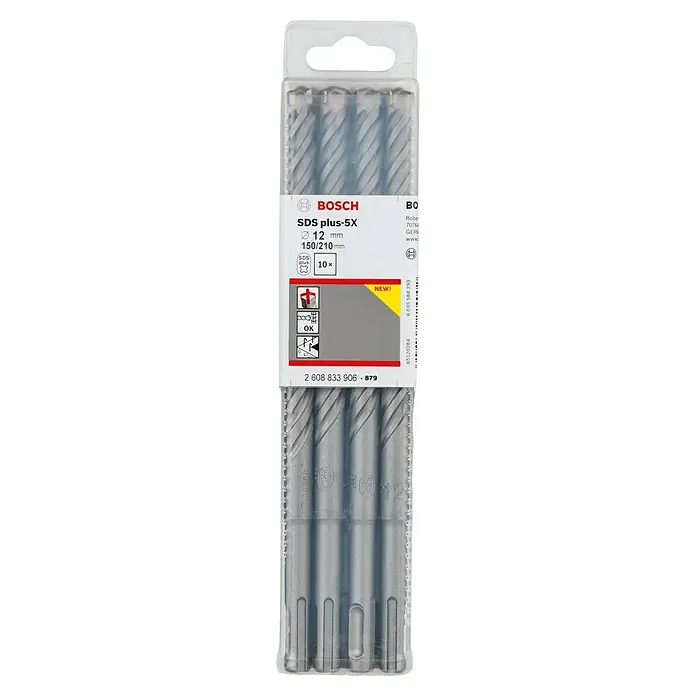 Bosch Broca para hormigón y mampostería SDS-Plus 5X - 10 ud., Diámetro de la broca: 12 mm, Longitud de trabajo: 150 mm - Un paquete de brocas Bosch SDS plus-5X, de 12 mm de diámetro y 150/210 mm de longitud, ideal para tareas de perforación.