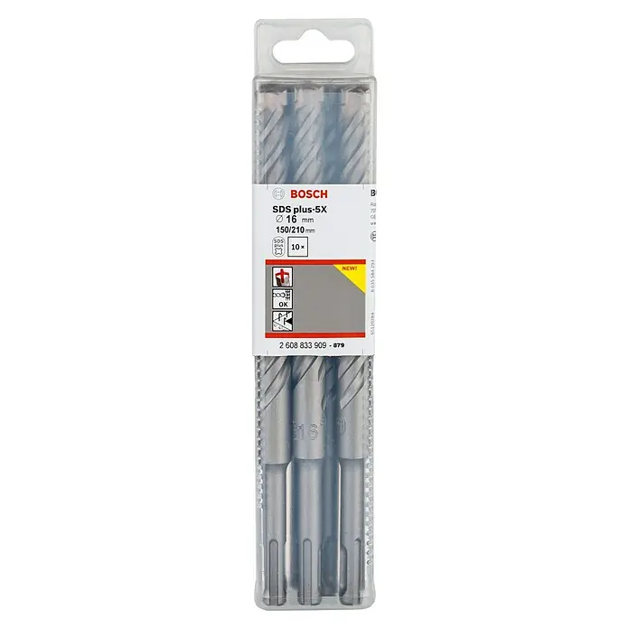 Bosch Broca para hormigón y mampostería 5X - 10 ud., Diámetro de la broca: 16 mm - Primer plano de un juego de brocas Bosch SDS plus-5X con un diámetro de 16 mm y una longitud de 150/210 mm, perfecto para taladrar en hormigón y mampostería.