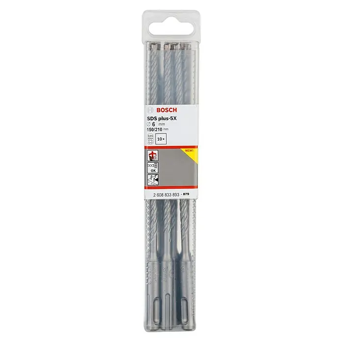 Bosch Broca para hormigón y mampostería SDS-Plus - 10 ud., Diámetro de la broca: 6 mm, Longitud de trabajo: 150 mm - Un paquete de brocas Bosch SDS plus-5X con un diámetro de 6 mm y una longitud de 150/210 mm, ideal para diversas tareas de perforación.