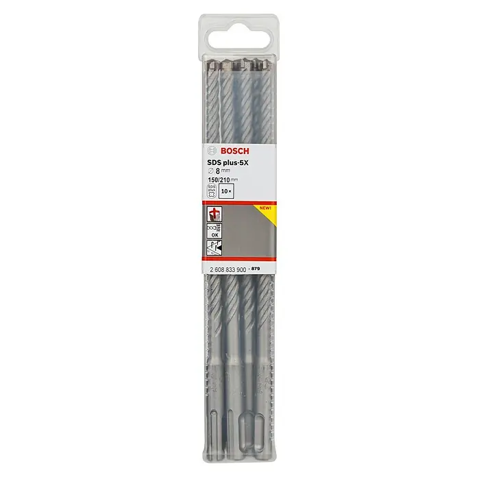 Bosch Broca para hormigón y mampostería SDS-Plus - 10 ud., Diámetro de la broca: 8 mm, Longitud de trabajo: 150 mm - Juego de brocas Bosch SDS plus-5X con 10 brocas, diámetro de 8 mm y longitud de 150/210 mm, ideal para taladrar hormigón con martillo.