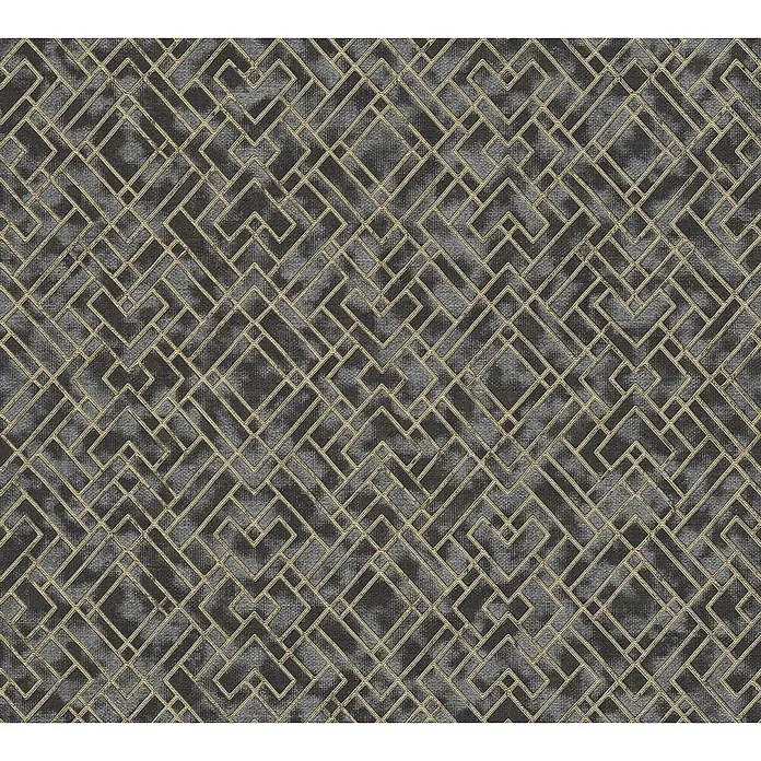 A.S. Création Metropolitan Stories Travel Styles Vliestapete Allover I - Schwarz/Gold, Grafisch, 10,05 x 0,53 m - Abstraktes Tapetenmuster mit geometrischen Formen in Braun- und Goldtönen, ideal für moderne Innenräume.