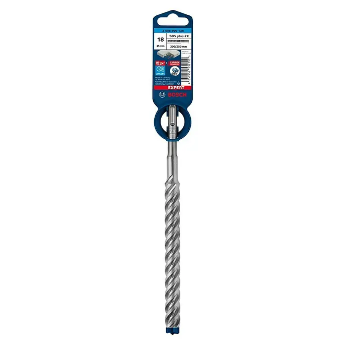 Bosch Expert Broca para hormigón y mampostería -7X - 1 ud., Diámetro de la broca: 18 mm, 250 mm - La imagen muestra una broca para martillo perforador Bosch EXPERT SDS plus-7X (diámetro 18 mm, longitud 200/250 mm) con soporte azul.