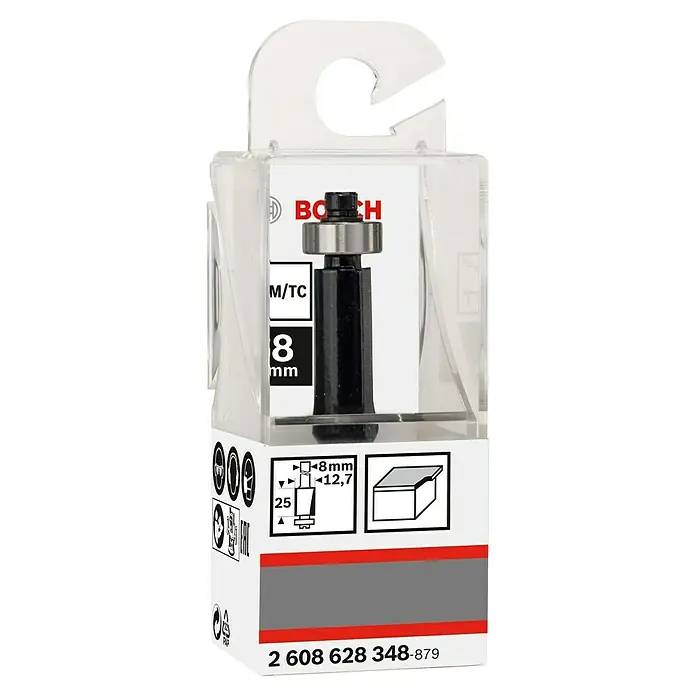 Bosch Fresa de biselado Standard for Wood - Diámetro vástago: 8 mm, Longitud de trabajo: 25,4 mm - Primer plano del embalaje de una fresa de ranurar Bosch con datos técnicos y número de pieza.